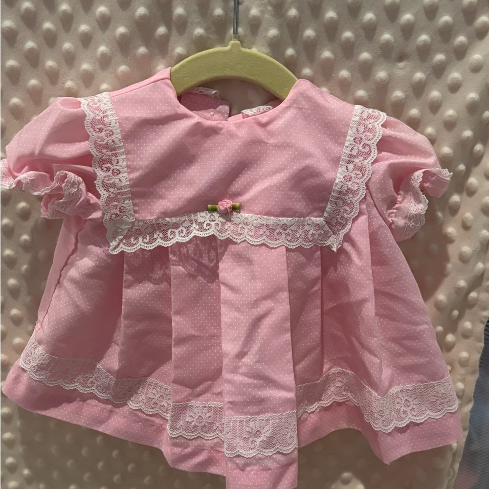 Vintage California Talk Pink Baby Dress | Lace Pleated | 3–6M